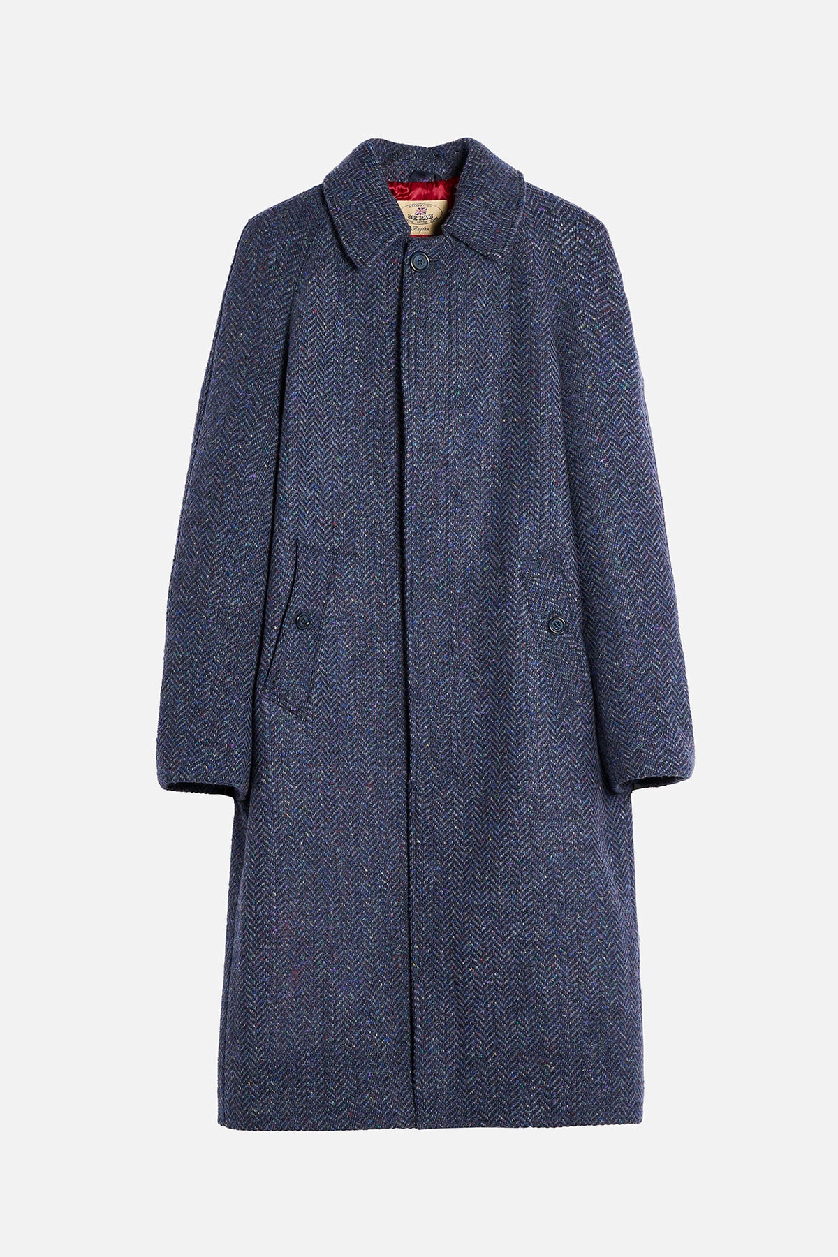 Cappotto Raglan De Paz in Donegal Herringbone Tweed blu lungo
