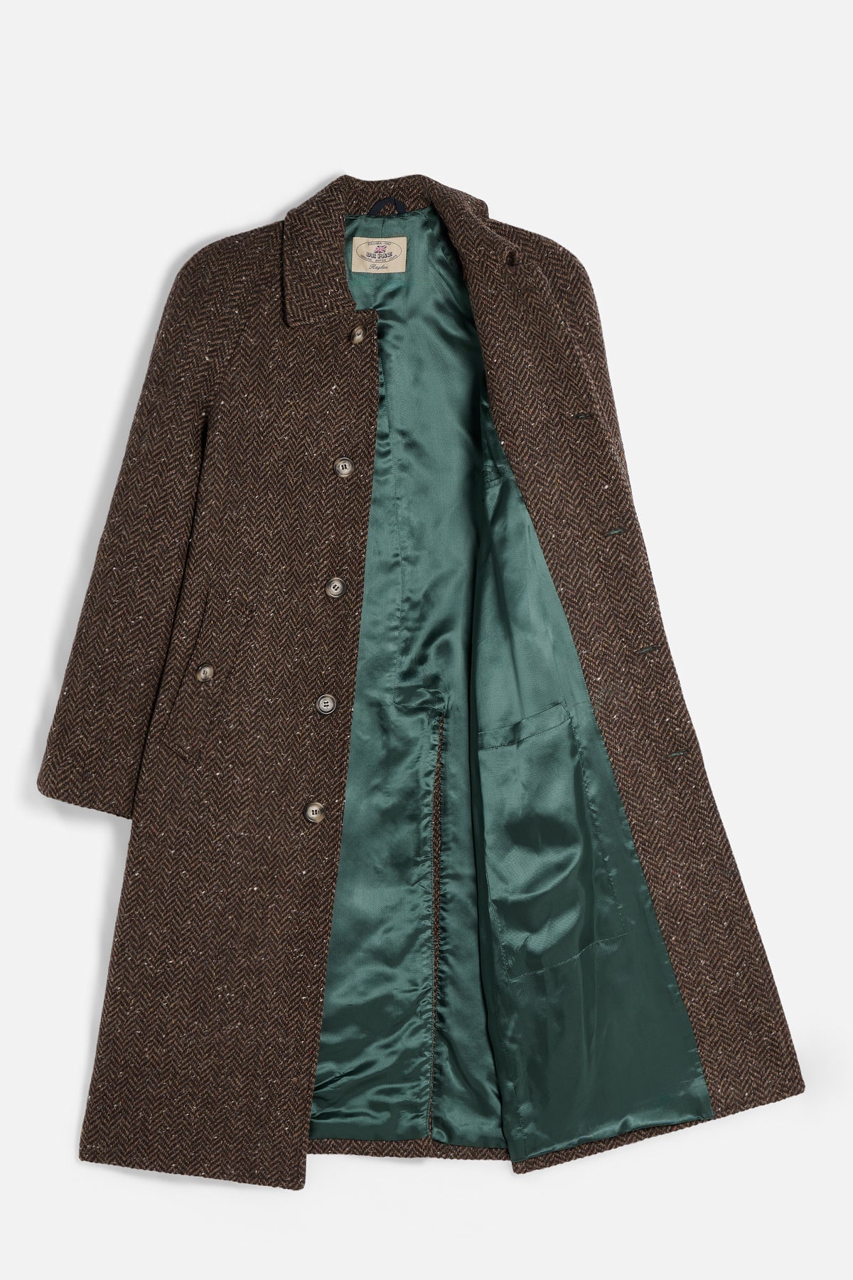 Interno Cappotto Raglan De Paz marrone con fodera verde scuro a contrasto