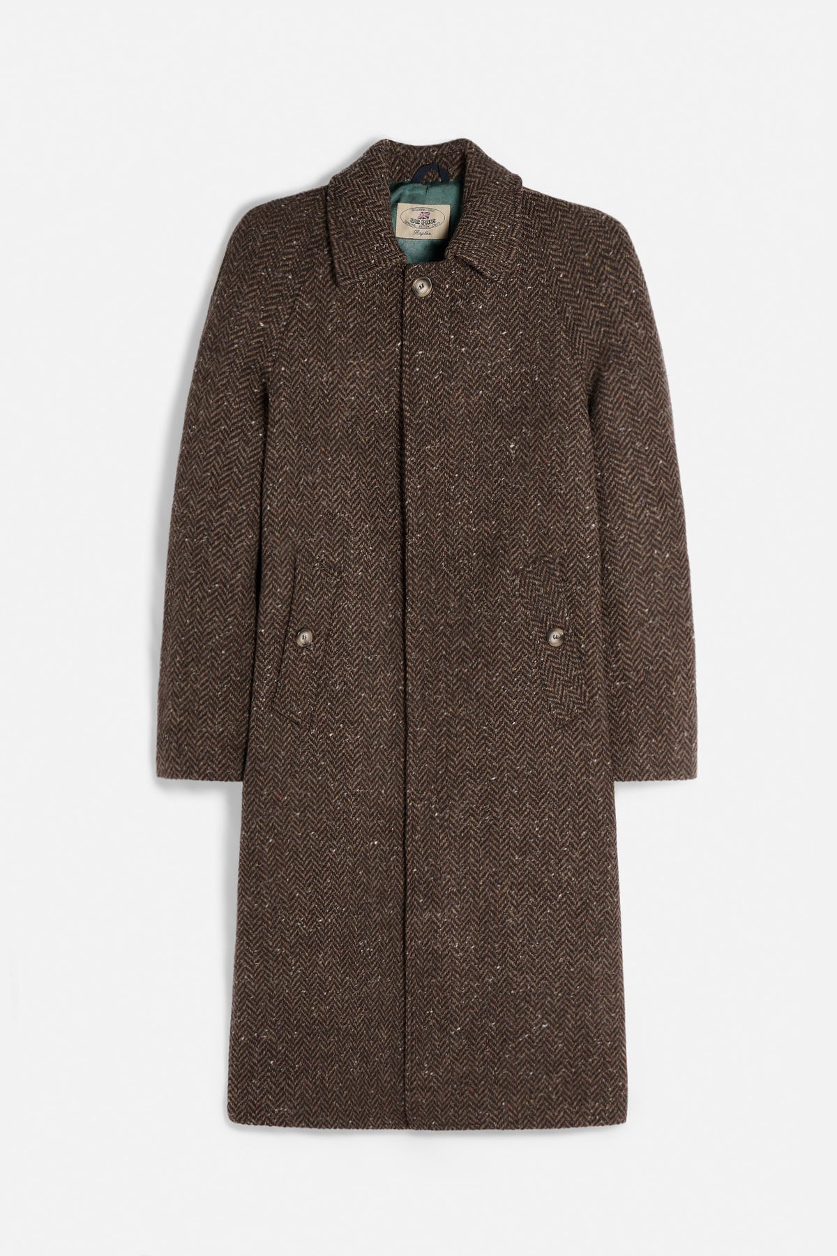Cappotto Raglan De Paz in Donegal Herringbone Tweed marrone lungo