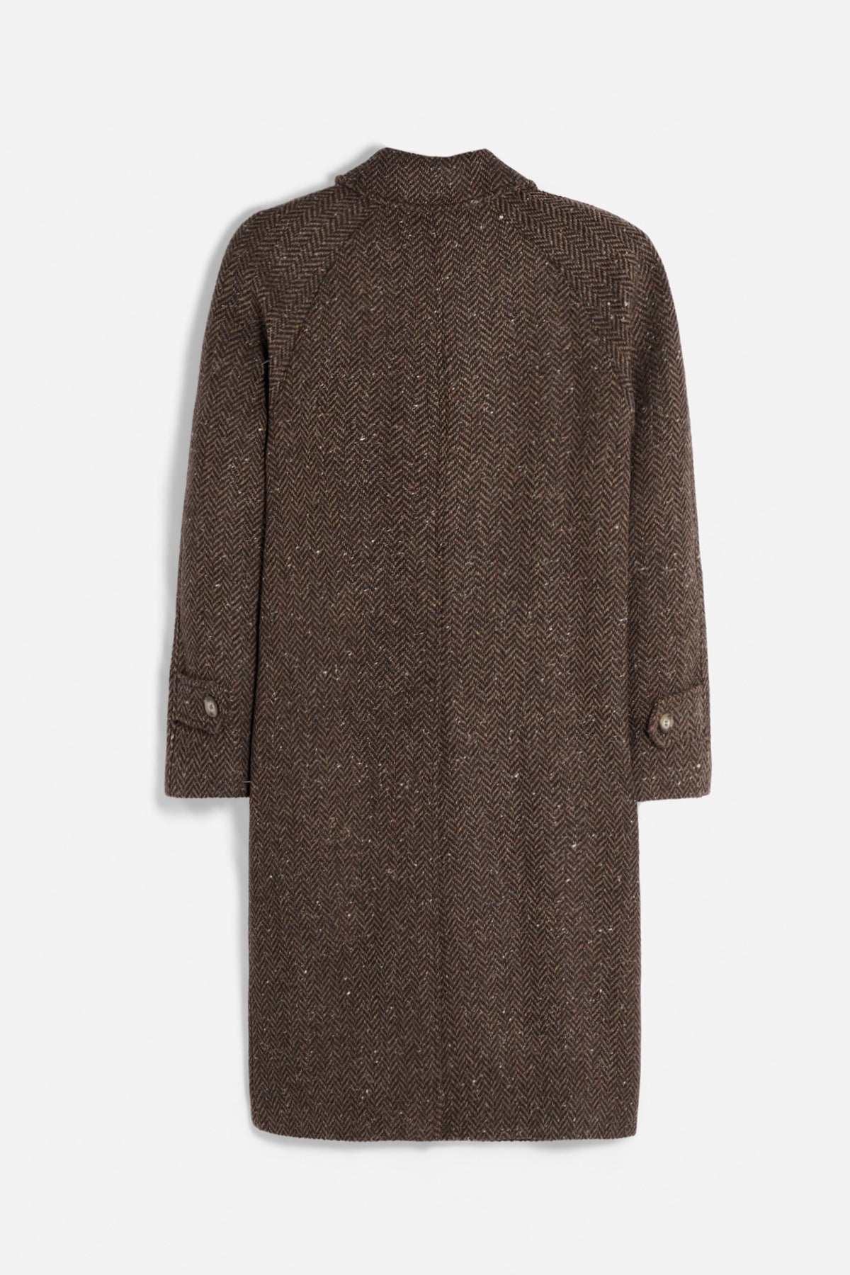 Retro cappotto Raglan Donegal Herringbone Tweed marrone con trama a spina di pesce e flecks colorati