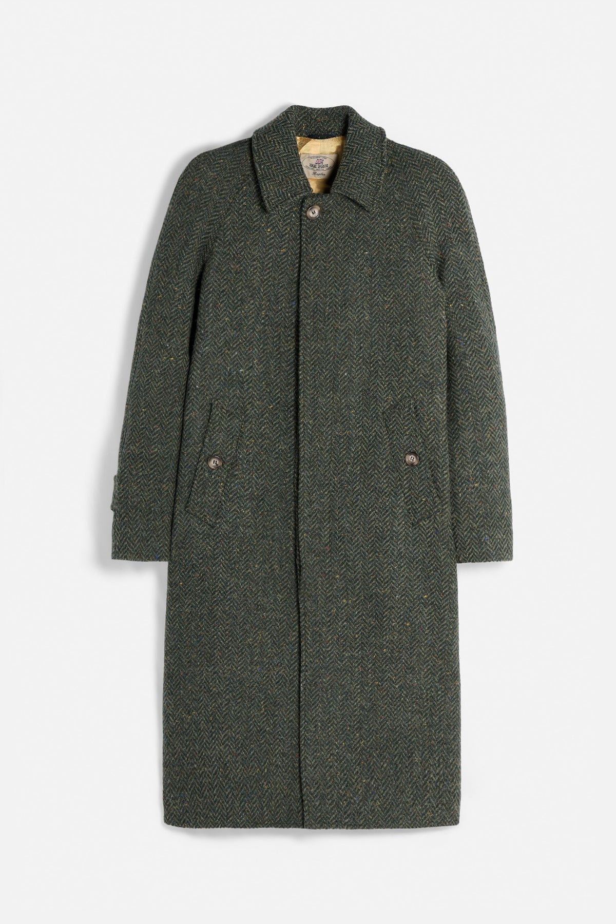 Cappotto Raglan De Paz in Donegal Herringbone Tweed verde bottiglia lungo