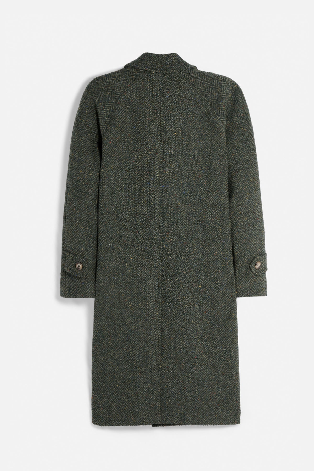 Retro Cappotto Raglan De Paz in Donegal Herringbone Tweed verde bottiglia lungo