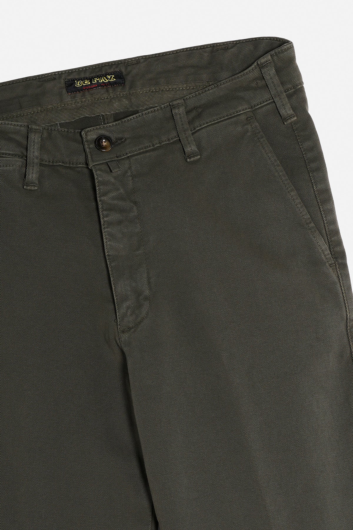 Dettaglio Pantalone Chinos De Paz in cotone invernale verde con tasca e bottone