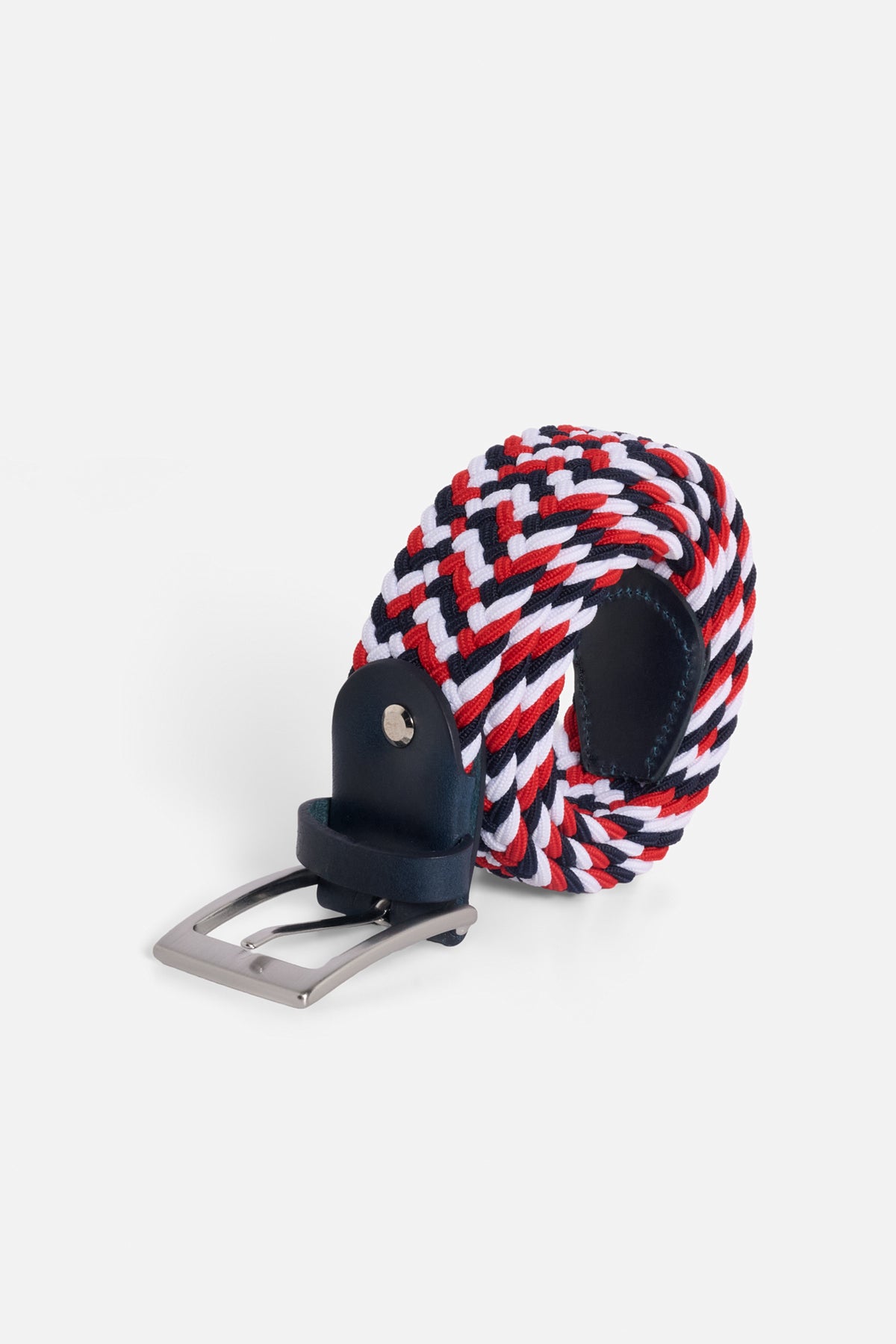 Cintura elastica intrecciata rossa, blu navy e bianca