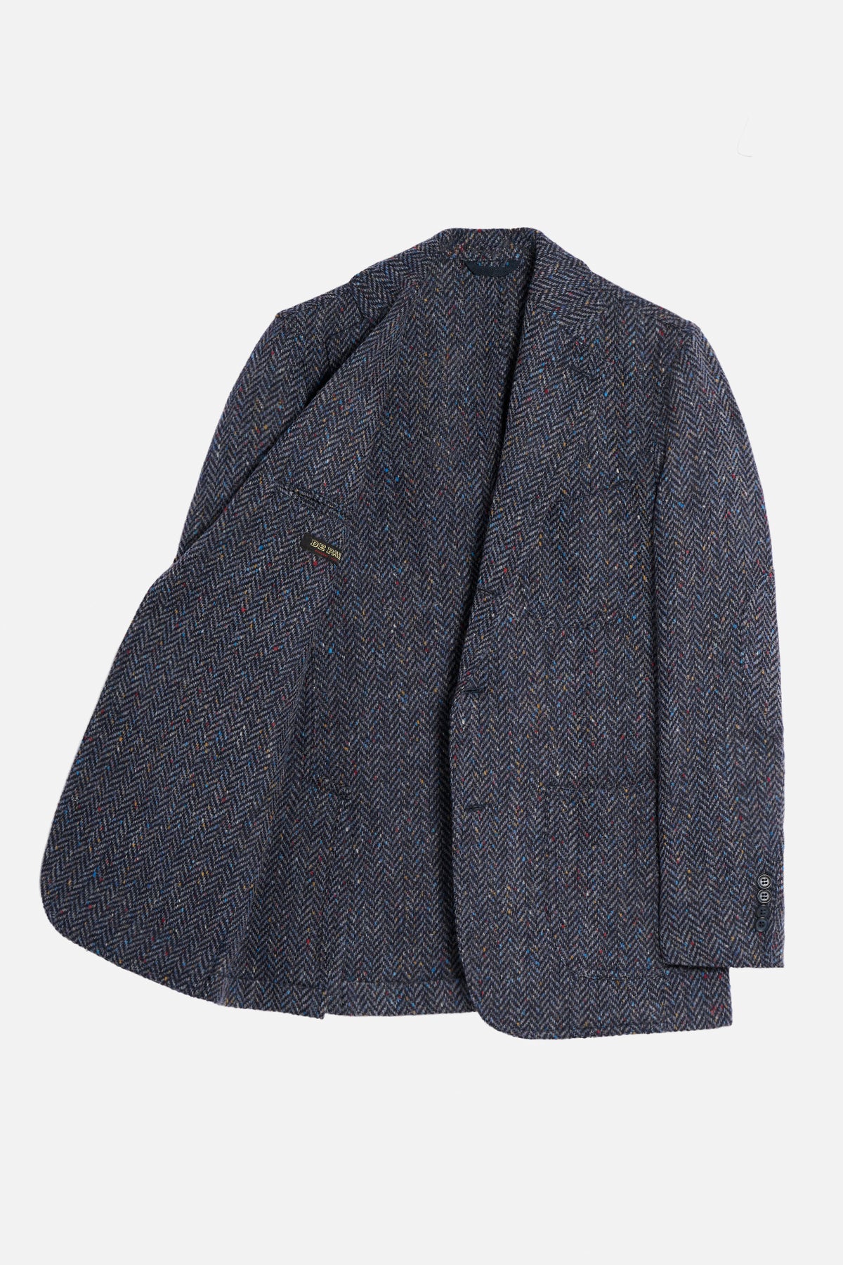 Giacca a Camicia De Paz in Donegal Herringbone Tweed blu aperta e completamente sfoderata