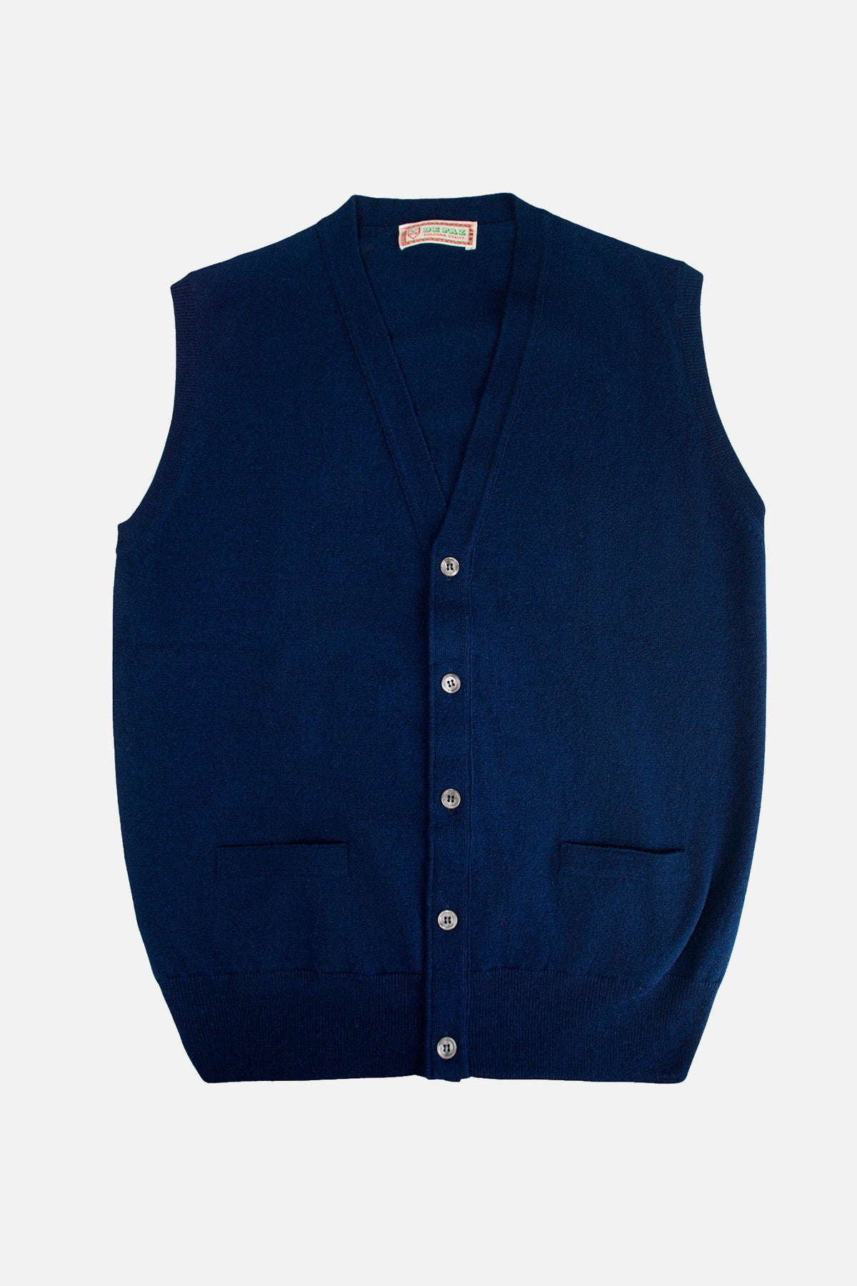 Gilet De Paz blu in lana merino e cashmere con tasche frontali