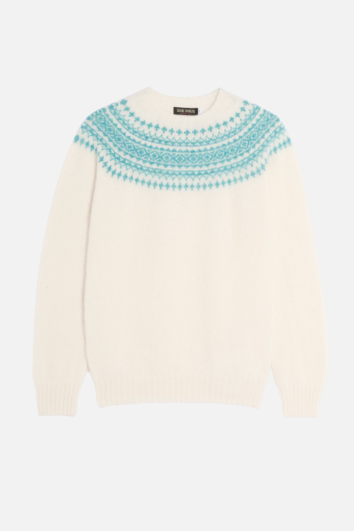 Pullover De Paz Yoke Brushed bianco in lana Shetland con motivo azzurro