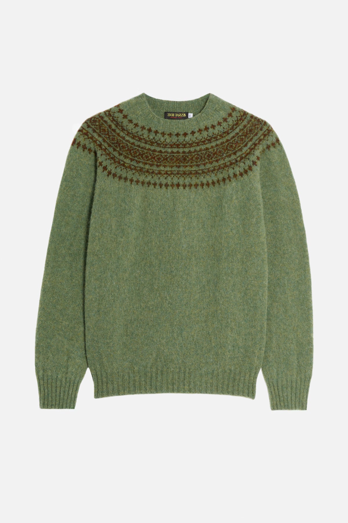 Girocollo De Paz Yoke Brushed in lana Shetland verde con motivo marrone