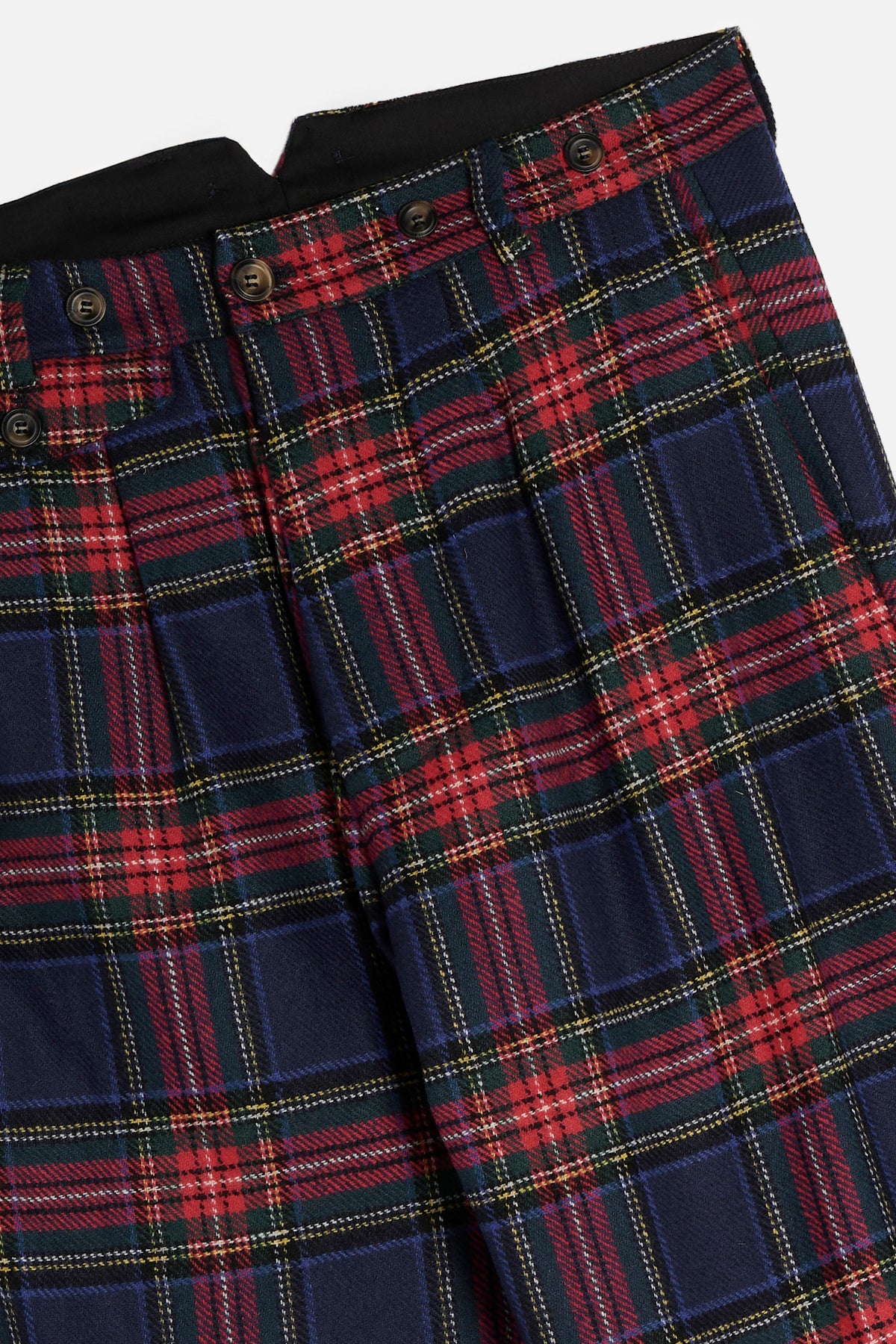Dettaglio Pantalone John in Shetland Tweed Blue Stewart con pinces, tasche e bottoni per bretelle