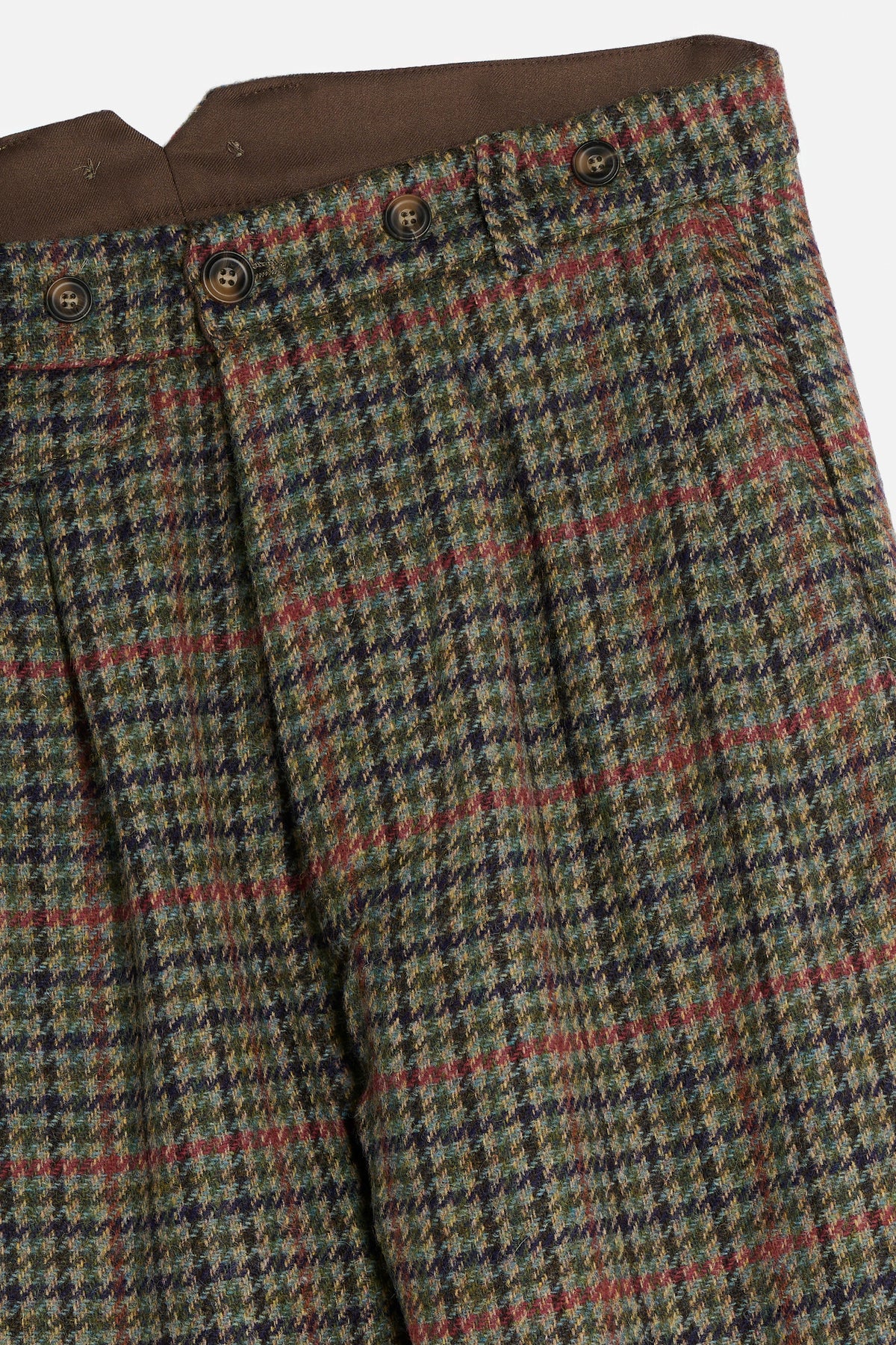 Dettaglio Pantalone John in Shetland Tweed verde con pied de poule, pinces, tasche e bottoni per bretelle