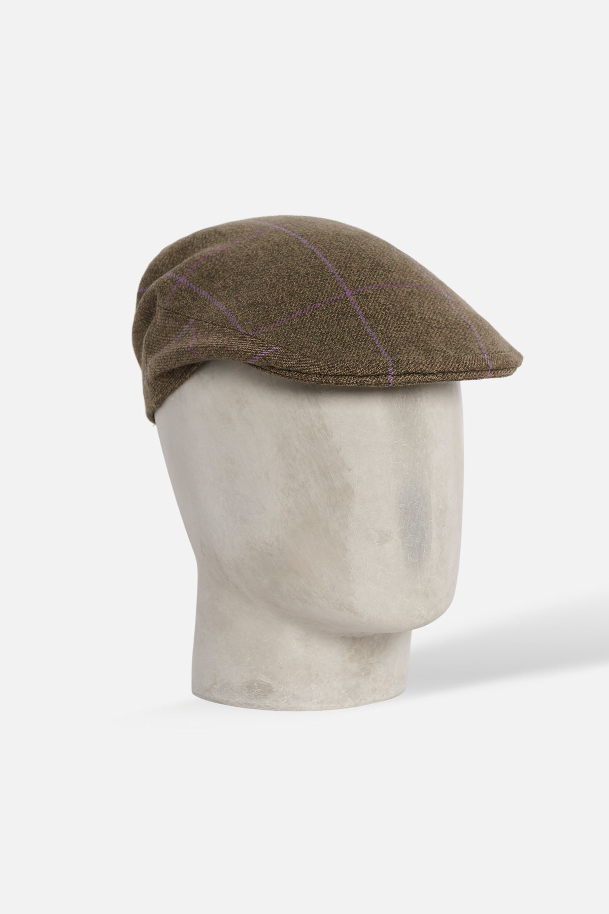 De Paz Original Cap in Scottish Tweed verde con sottili righe viola a grandi quadri
