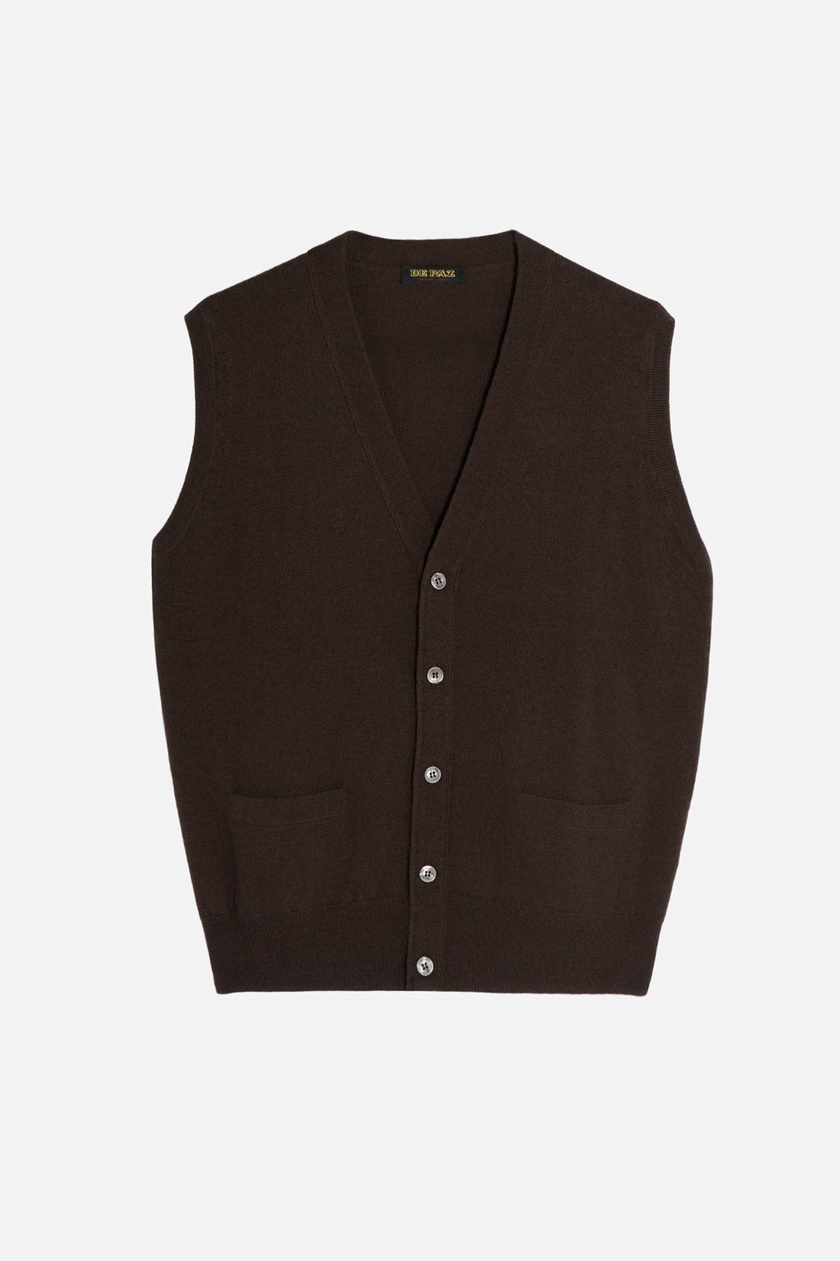 Gilet De Paz in lana merino e cashmere marrone con tasche frontali