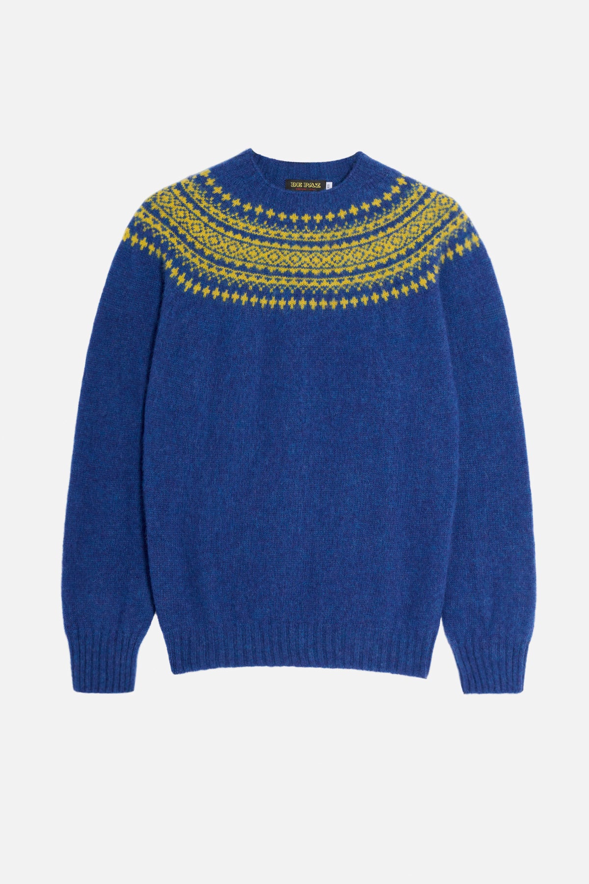 Pullover De Paz Yoke Brushed blu royal con motivo jacquard giallo