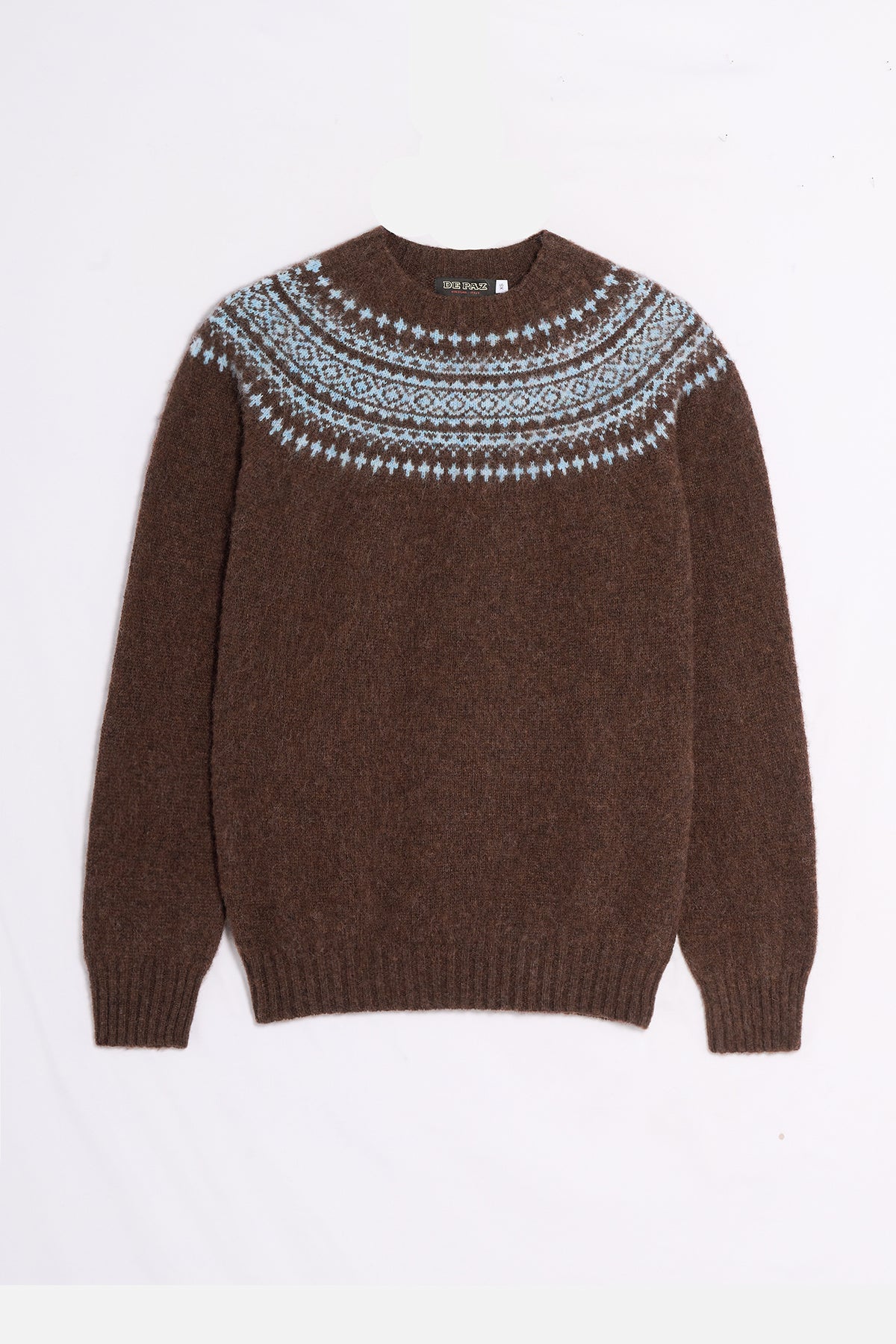 Pullover De Paz Yoke Brushed marrone in lana Shetland con disegno azzurro