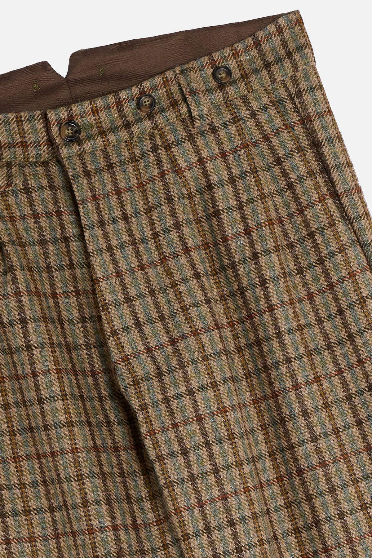 Dettaglio Pantalone John in Scottish Tweed beige con pinces, tasche e bottoni per bretelle