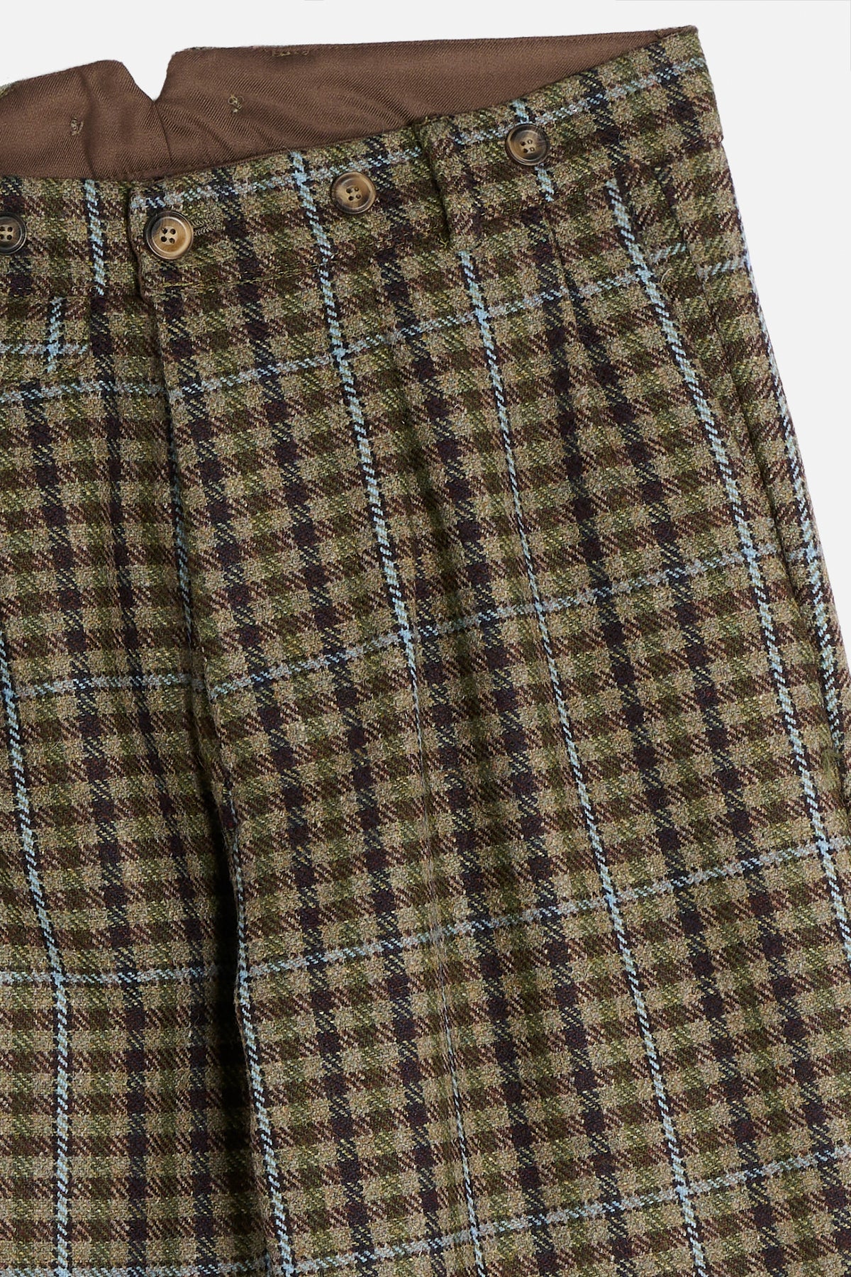Dettaglio Pantalone John in Scottish Tweed verde con pinces, tasche e bottoni per bretelle
